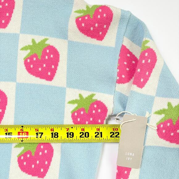 Luna Ivy Strawberry Checkerboard Knit Sweater Blue Pink Y2K Kawaii Pastel S - Picture 10 of 11